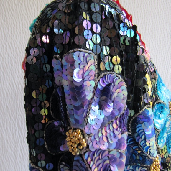 Vintage Evening Sequin Evening Jacket Mod Floral Designer Silk Colorful - Picture 13 of 13